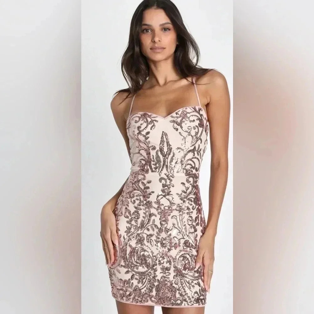Lulus Rose Gold Sequin Lace Up Mini Dress NWT